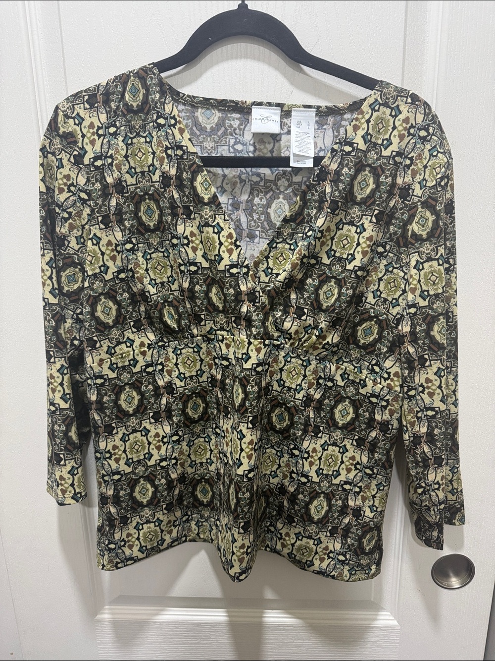 Emma James Boho Geometric Print V-Neck Empire Waist Blouse Women's Large